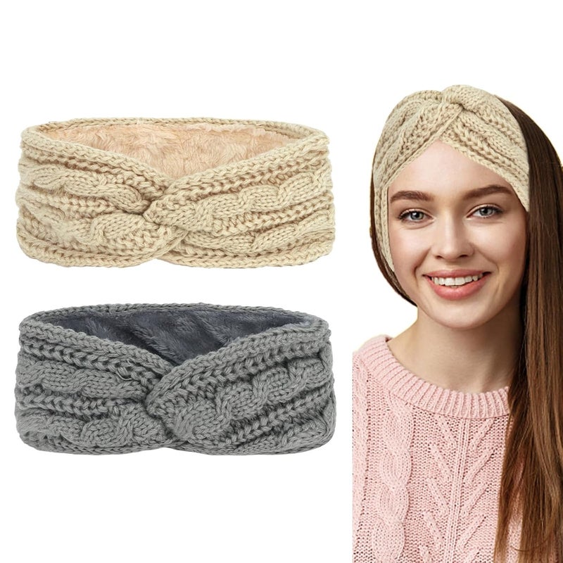 Cavetee 2 Pieces Winter Headbands, Ear Muffs Crochet Bandana for Women, Lined Soft Elastic Ear Protectors for Cold Weather and Christmas Gift - Image 1